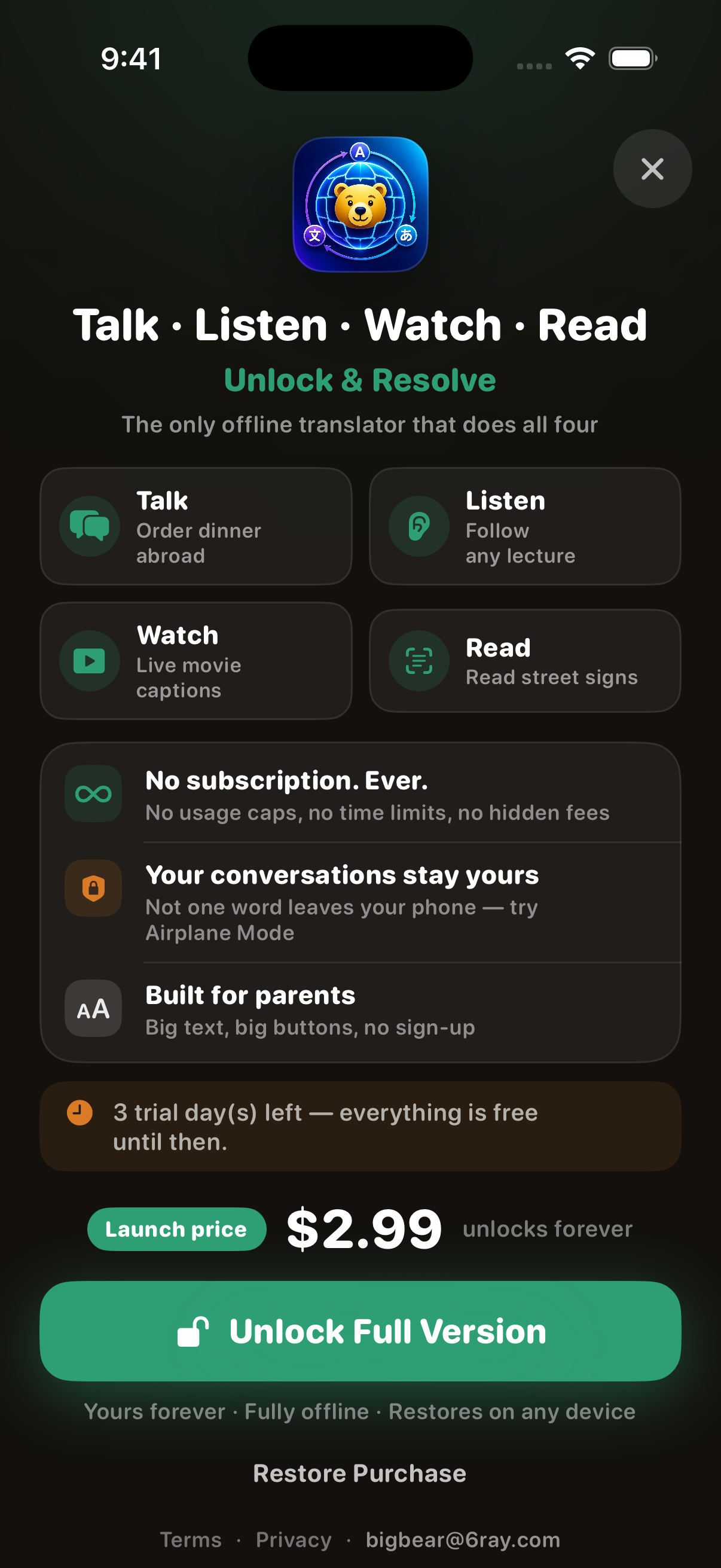 BigBear Translate unlock screen: Talk, Listen, Watch, Read grid, one-time $2.99 launch price, Unlock Full Version button