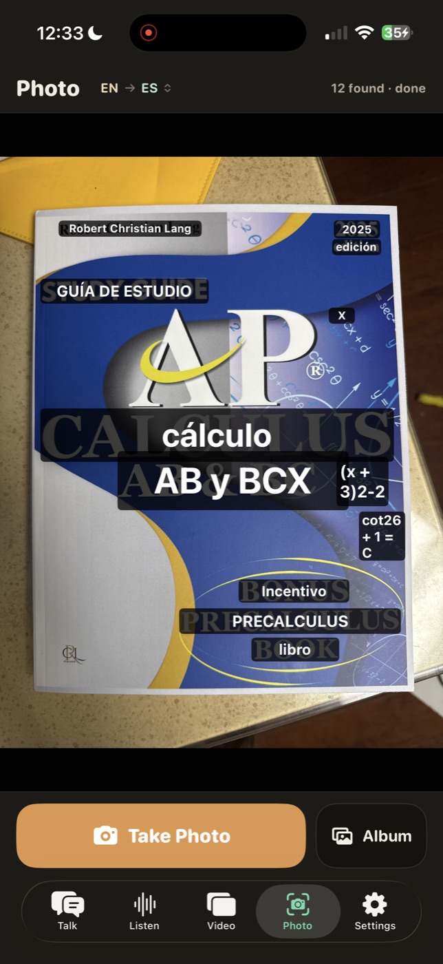 Photo screen translating the same AP Calculus book cover from English to Spanish