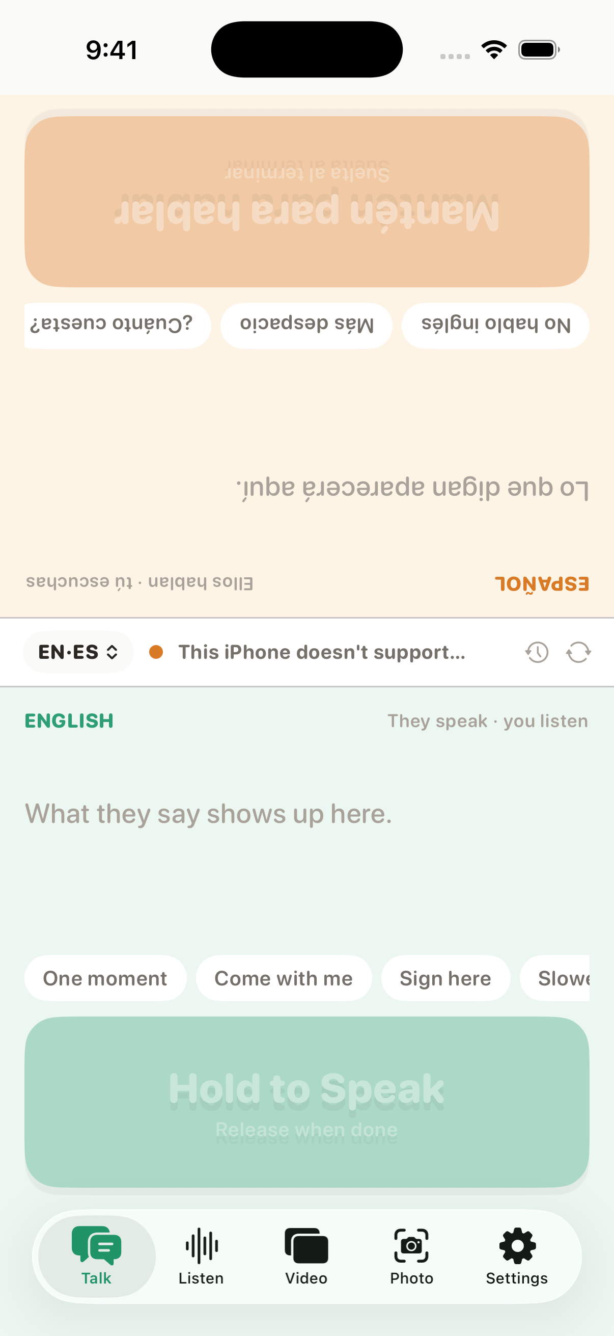 Talk screen with flipped top pane, phrase chips and the Hold to Speak button